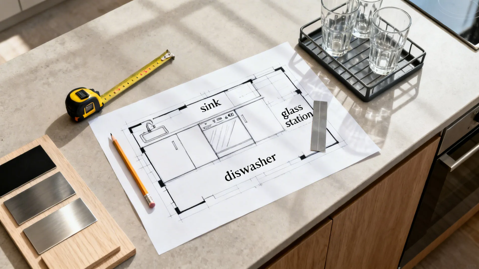Kitchen interior design drawing on countertop with yellow tape measure, pencil, and grey material samples