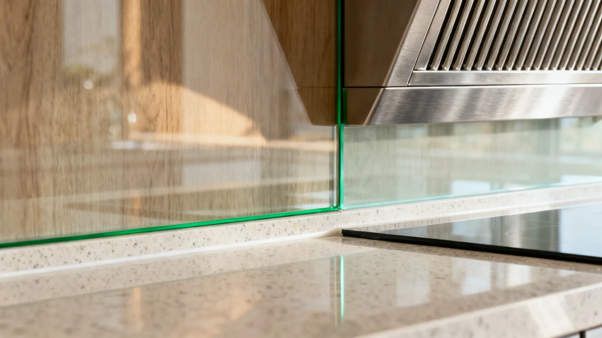 Macro of tempered glass backsplash, quartz counter edge, and slim stainless hood detail.
