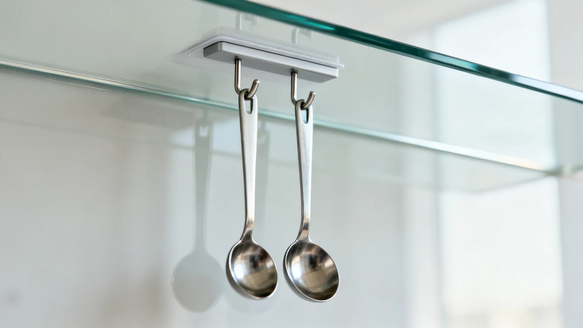 Close-up of a thin adhesive hook on glass holding measuring spoons.