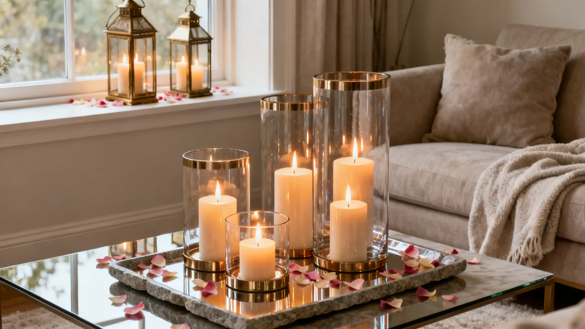 Glass hurricane candle clusters on a tray with rose petals for a controlled, luxe glow.