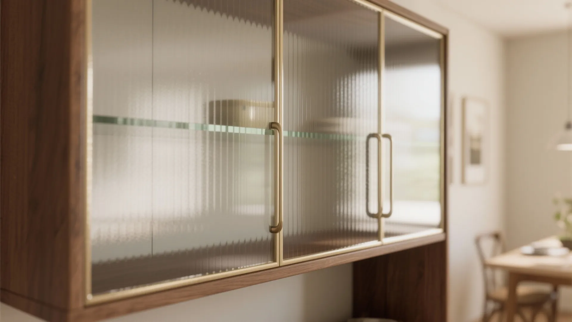 Close up view of wooden cabinet with glass doors, metal handles, and visible glass shelves
