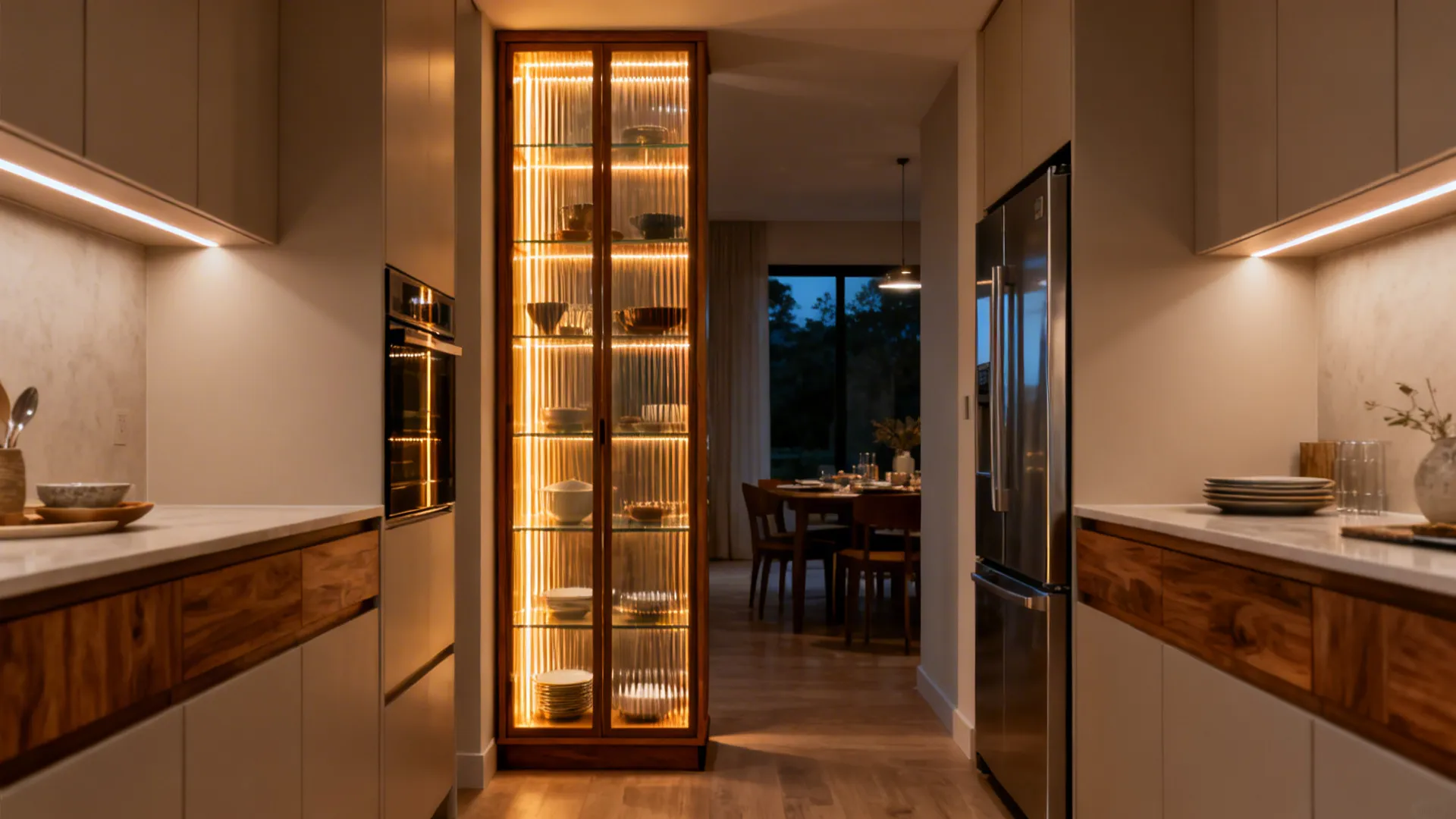 Slim fluted-glass hutch with warm lighting opposite a counter-depth fridge.