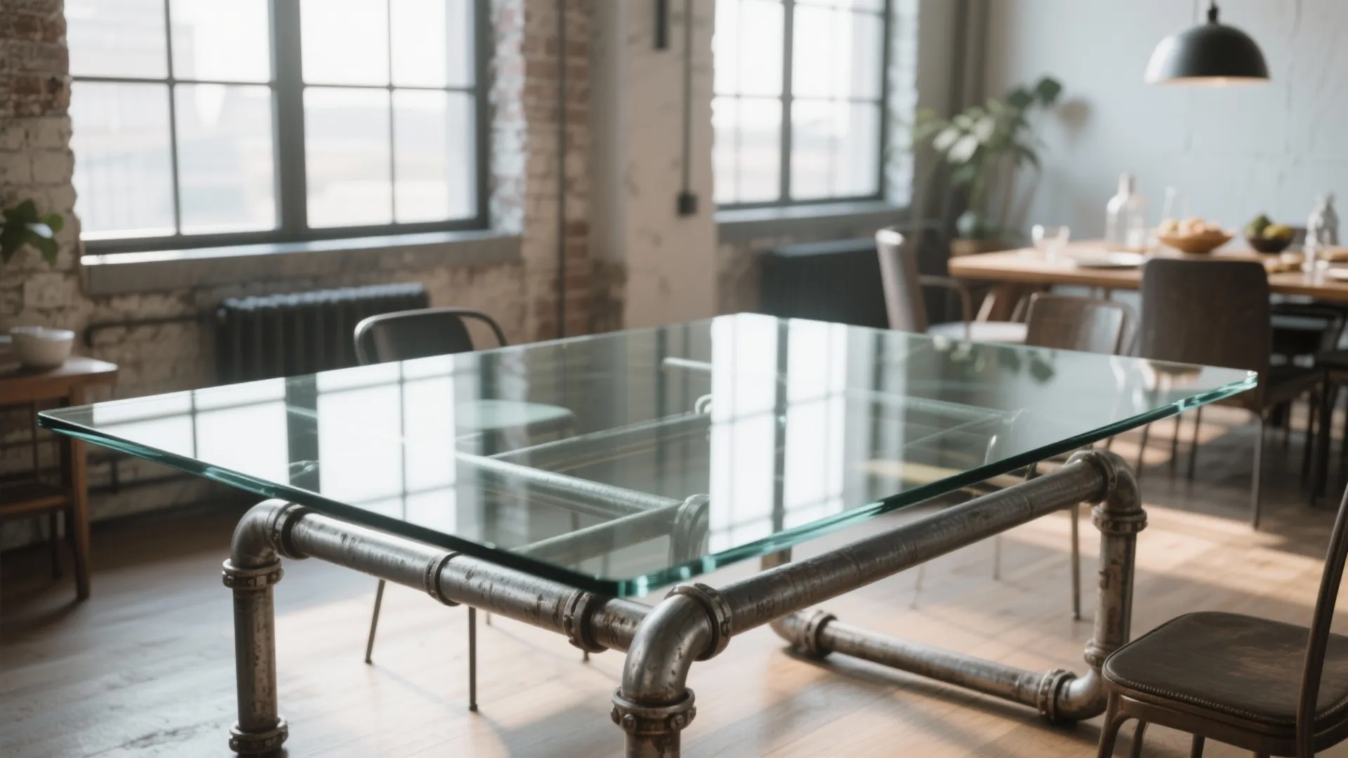 Modern industrial dining table with glass top and metal pipe frame in a sunny apartment