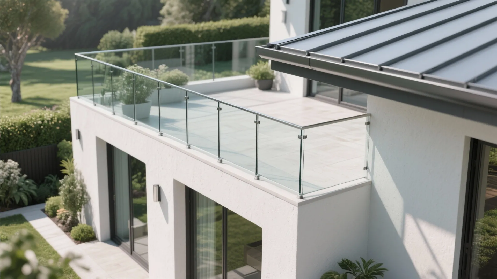 Modern white house rooftop terrace featuring glass railing and grey metal roof under bright daylight