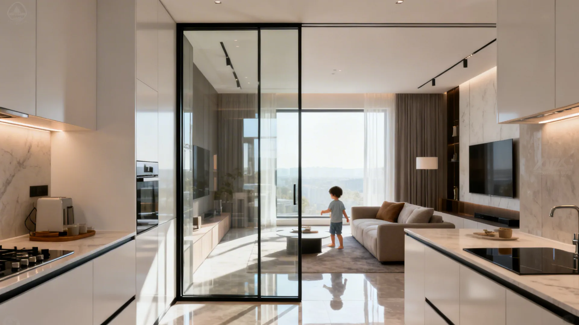 Modern interior with a full-height glass insert between kitchen and living room letting in natural light.