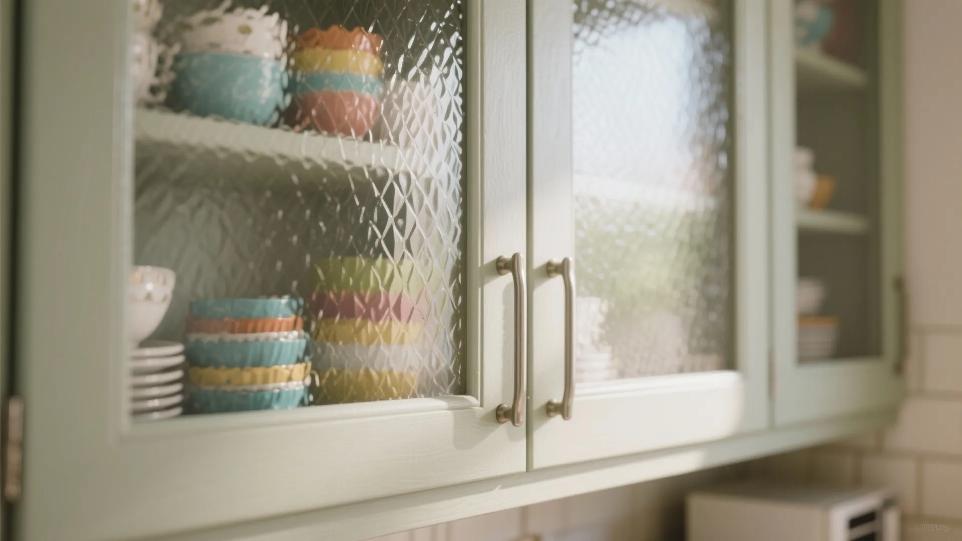Light green kitchen cabinets with textured glass doors showing colorful bowls and plates stored inside