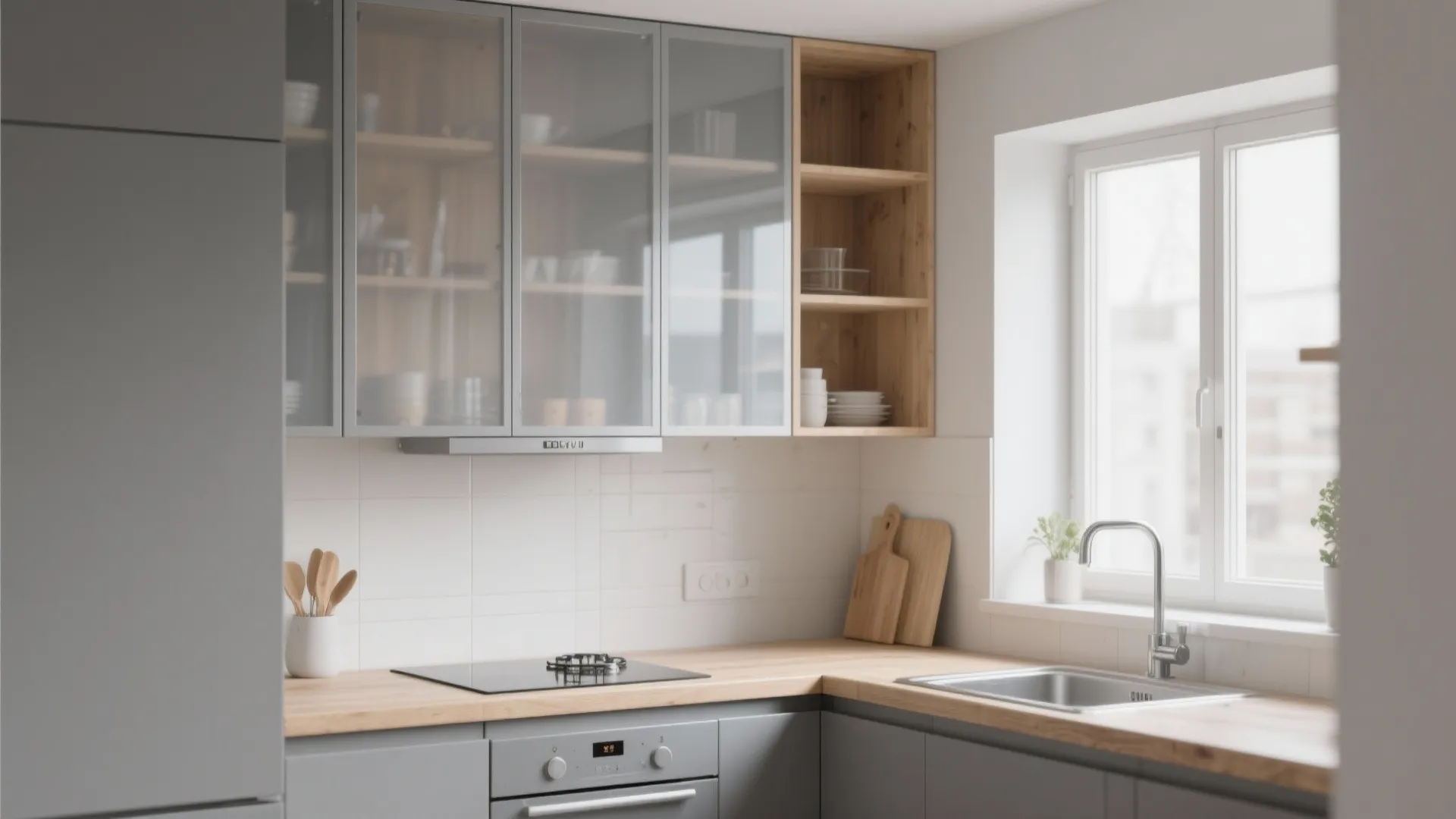 Gray kitchen cabinets with glass doors wooden shelves white tile backsplash wooden countertop and sink