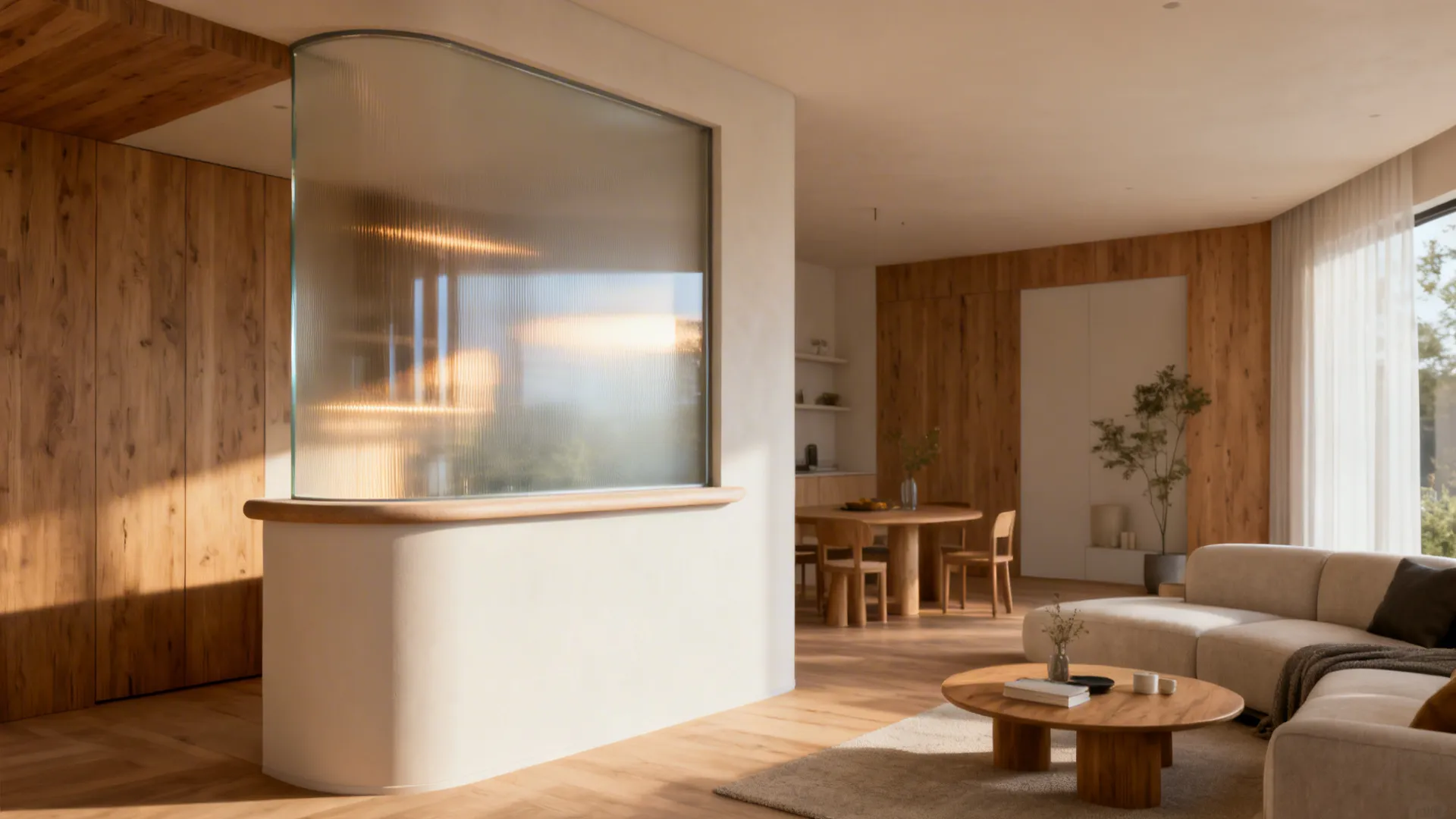 Modern living room with white half wall featuring textured glass insert and wooden wall panel