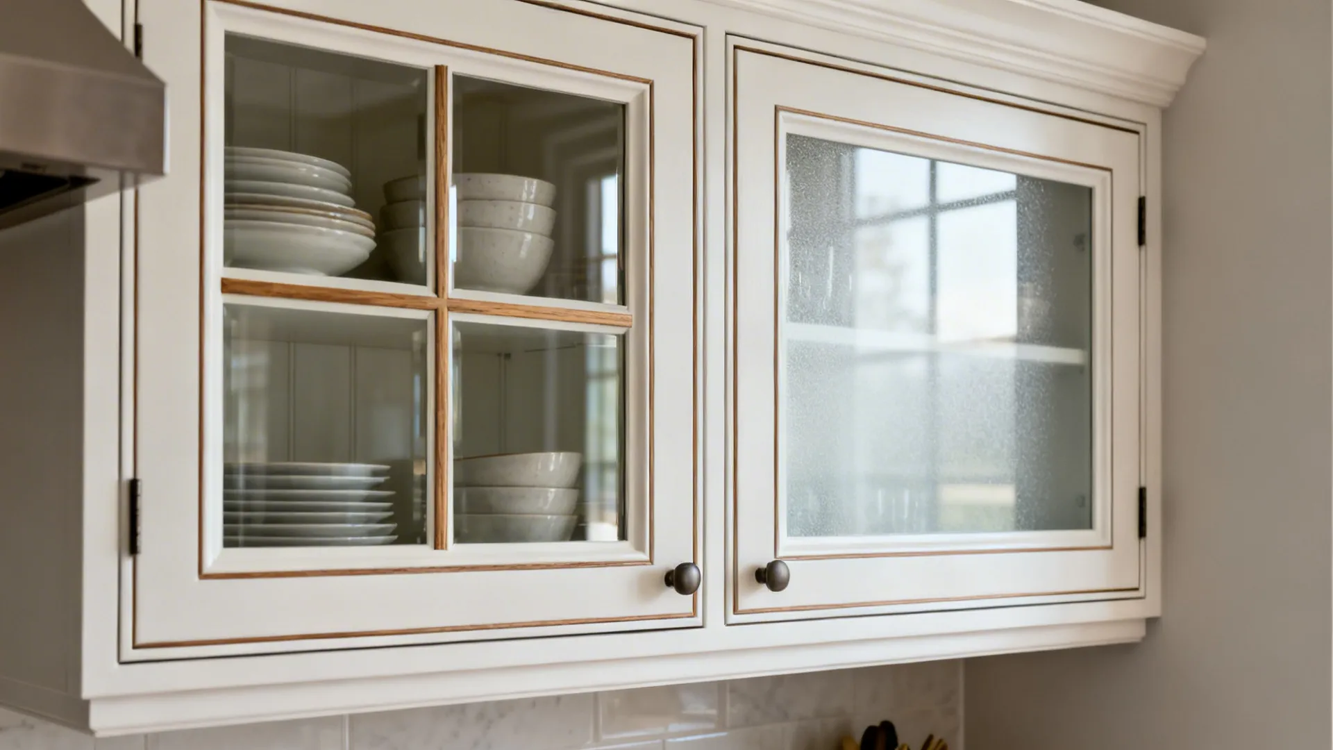 Upper cabinets with clear tempered glass inserts and slim mullions revealing neatly styled shelves.
