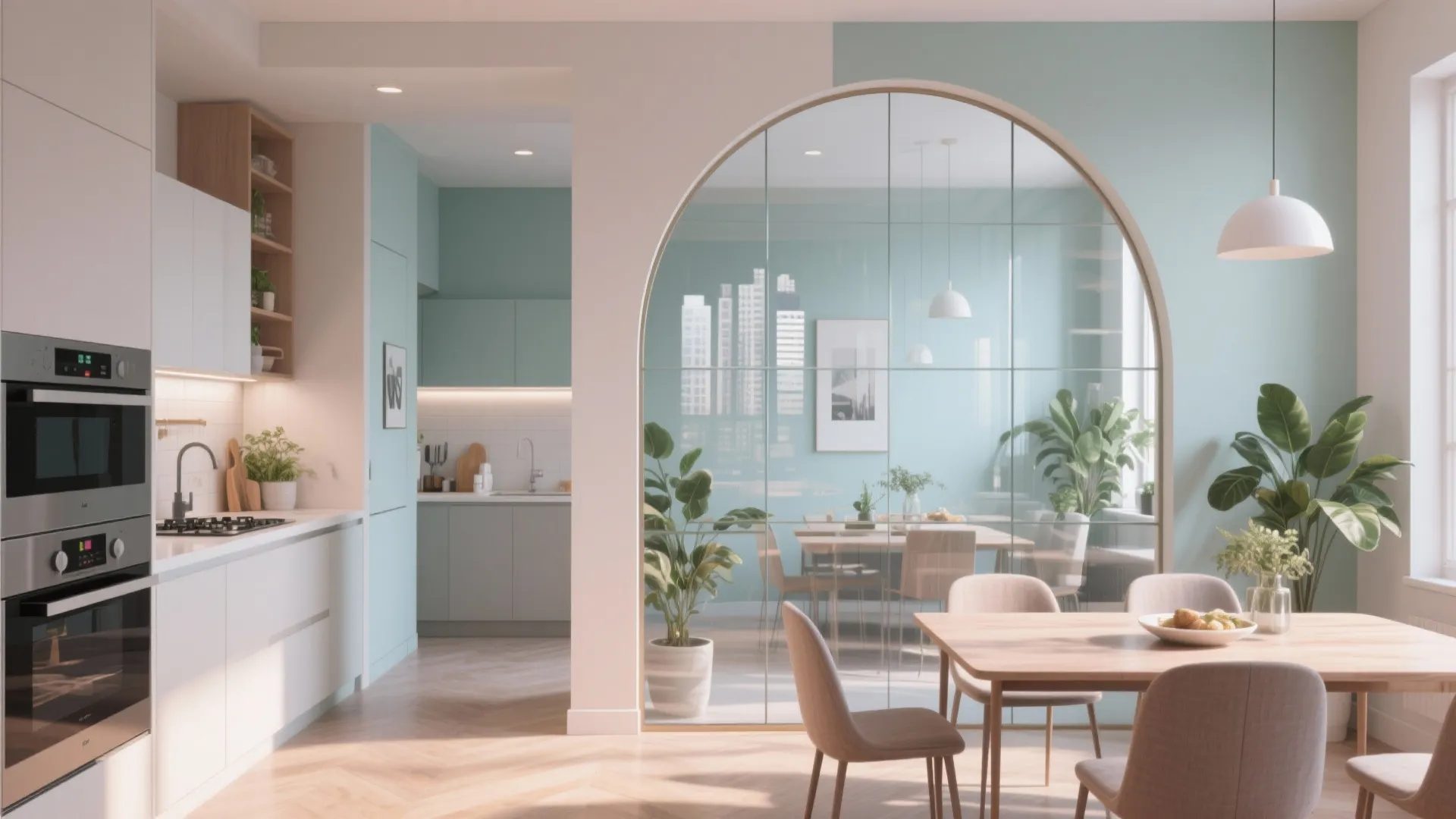 Bright dining room and kitchen with blue wall panel glass arch partition and wooden table