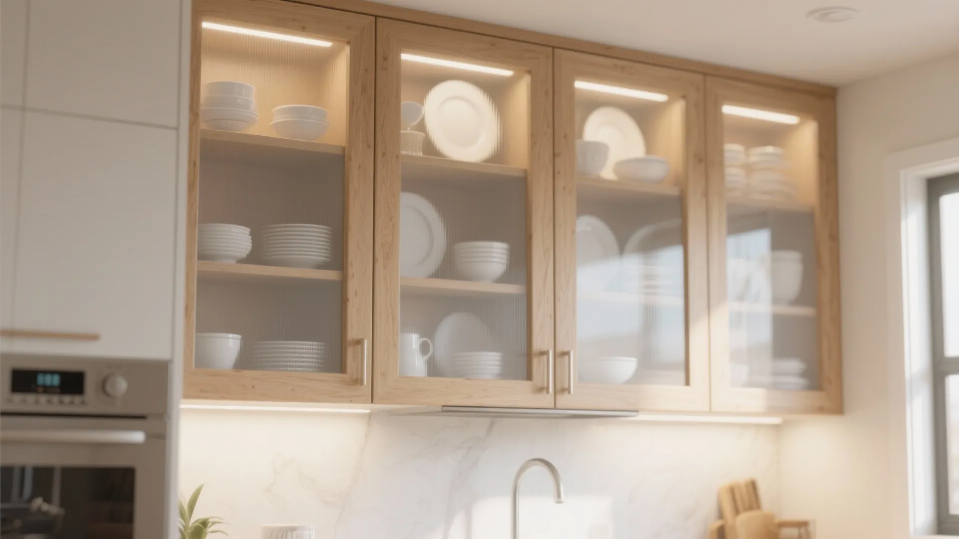 Wood-framed cabinets with frosted glass insets showing styled dishware inside