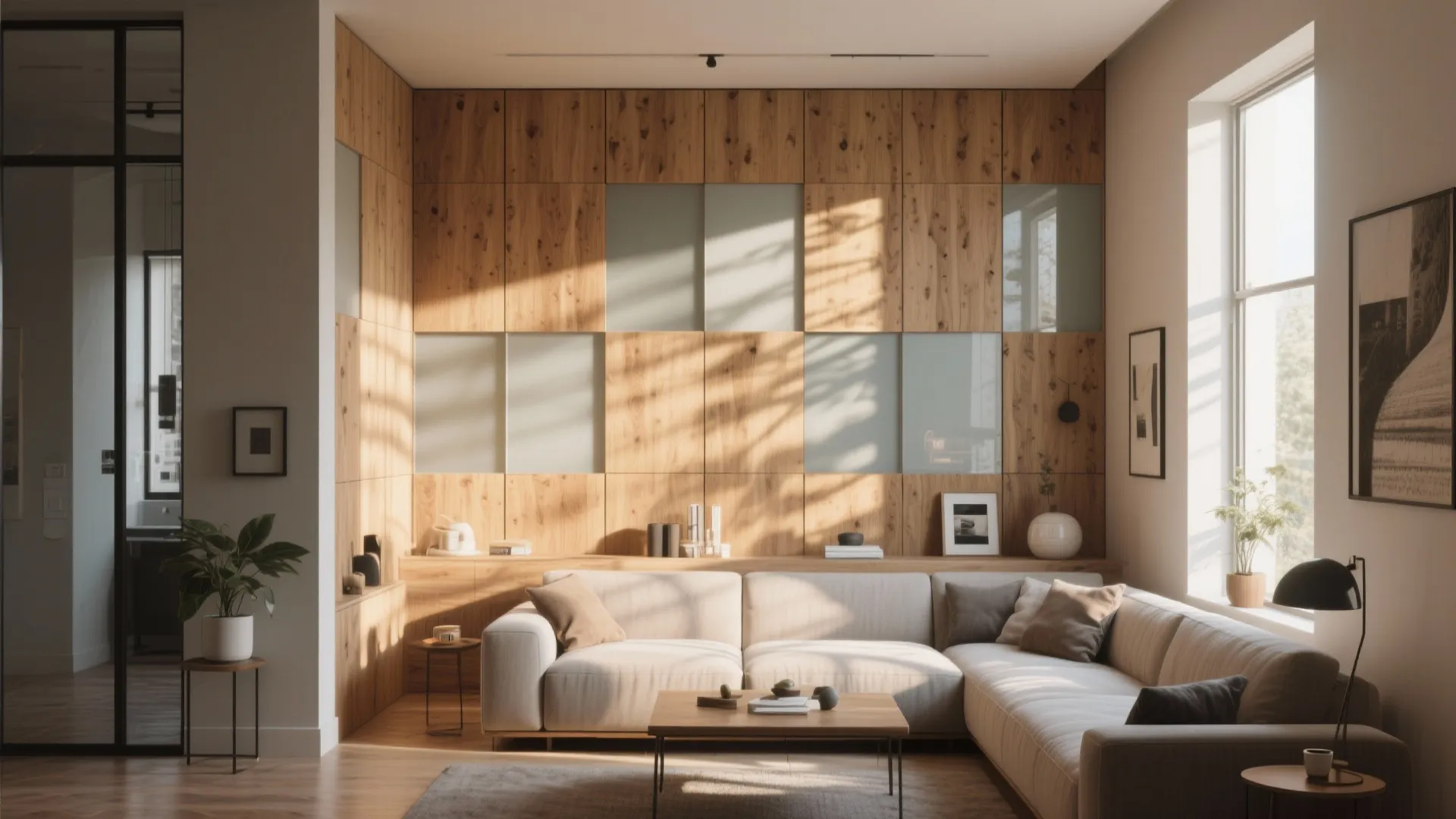 Bright living room showing wood wall storage units with glass door inserts and white corner sofa