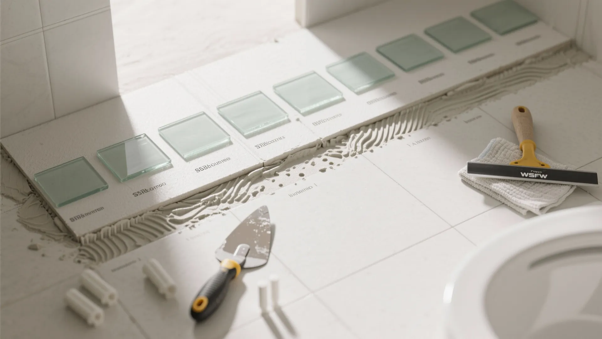 Top-down flatlay of glass tile install essentials: substrate, waterproofing, thinset, tools, and tile sheets.