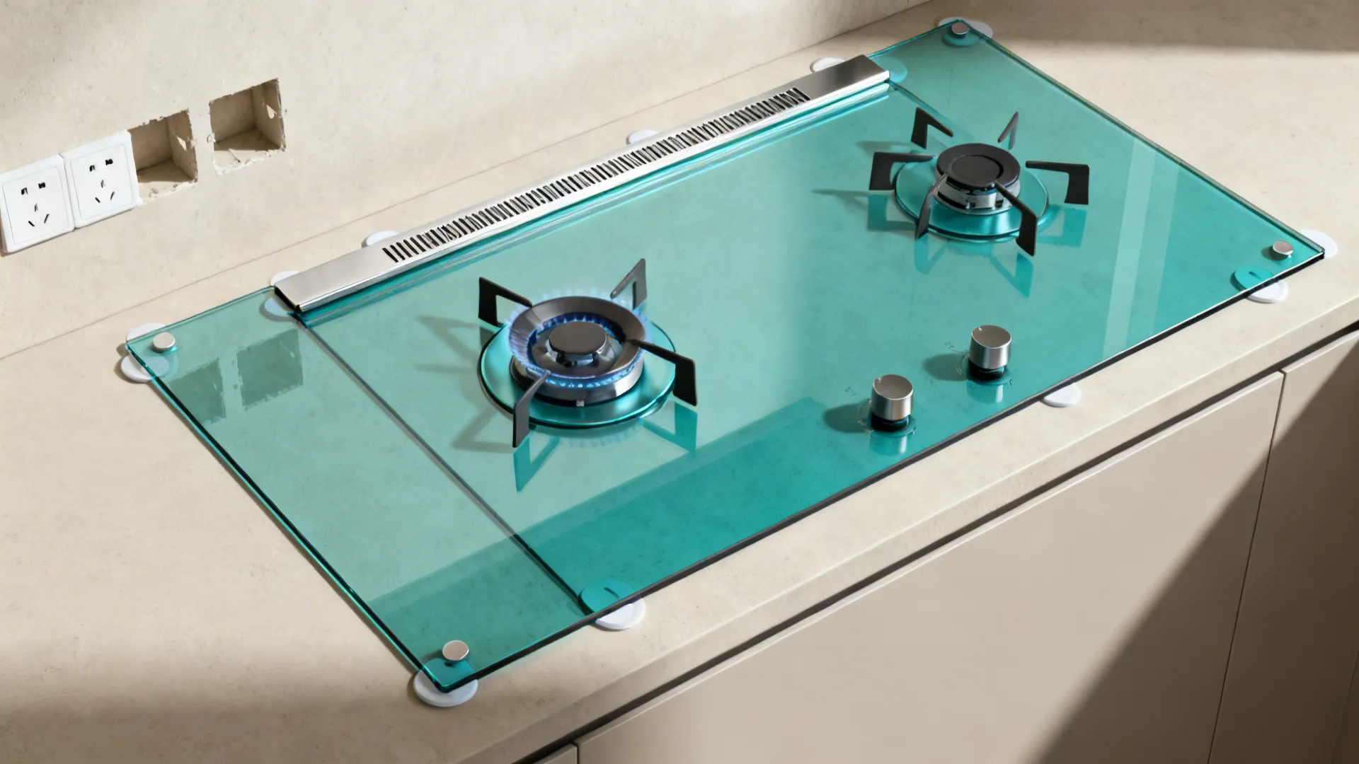 Top-down view illustrating tempered glass backsplash layers and socket cutouts.