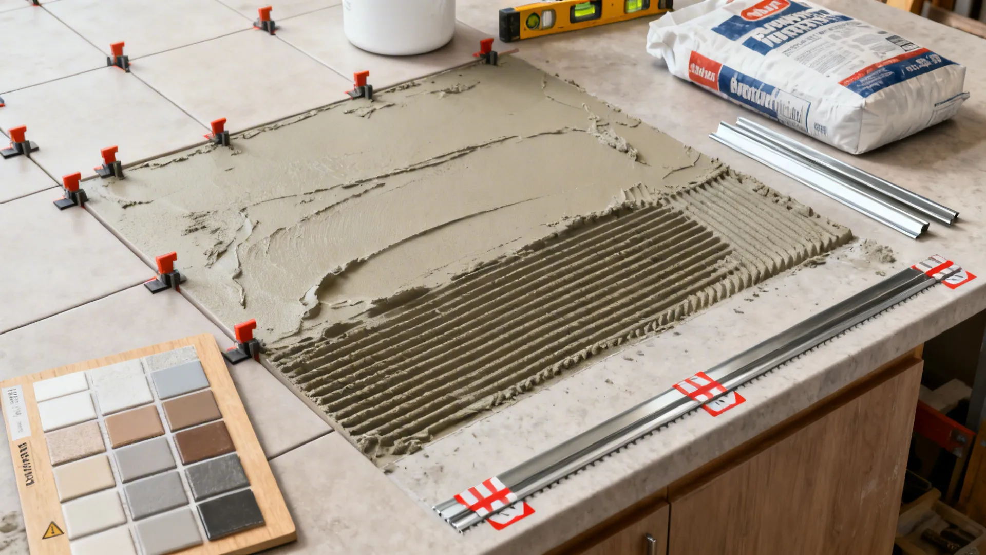 Top-down view of glass tile installation tools, sample board, spacers, trim, and skim-coated panel