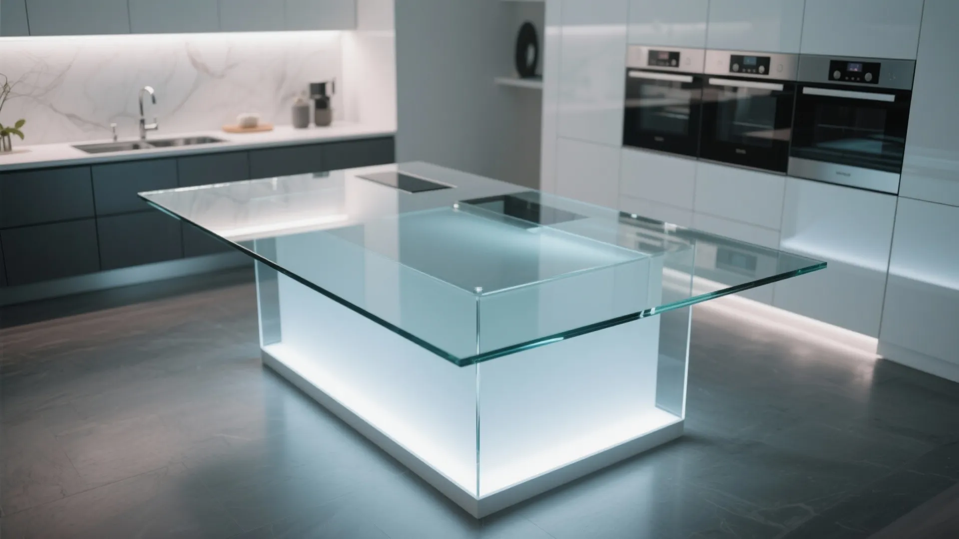 Modern white kitchen featuring glass island with internal lighting and three built-in black wall ovens