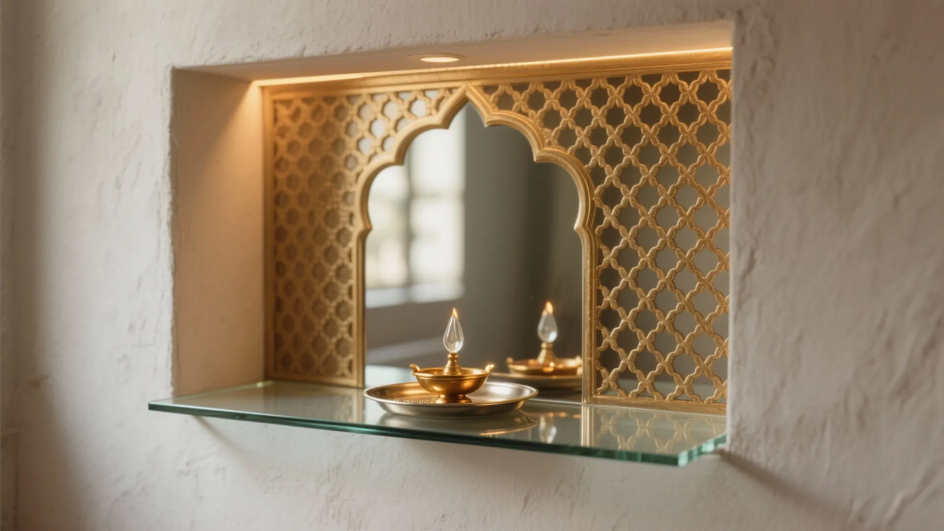 Recessed wall shelf with gold pattern screen and small lit oil lamp on glass surface