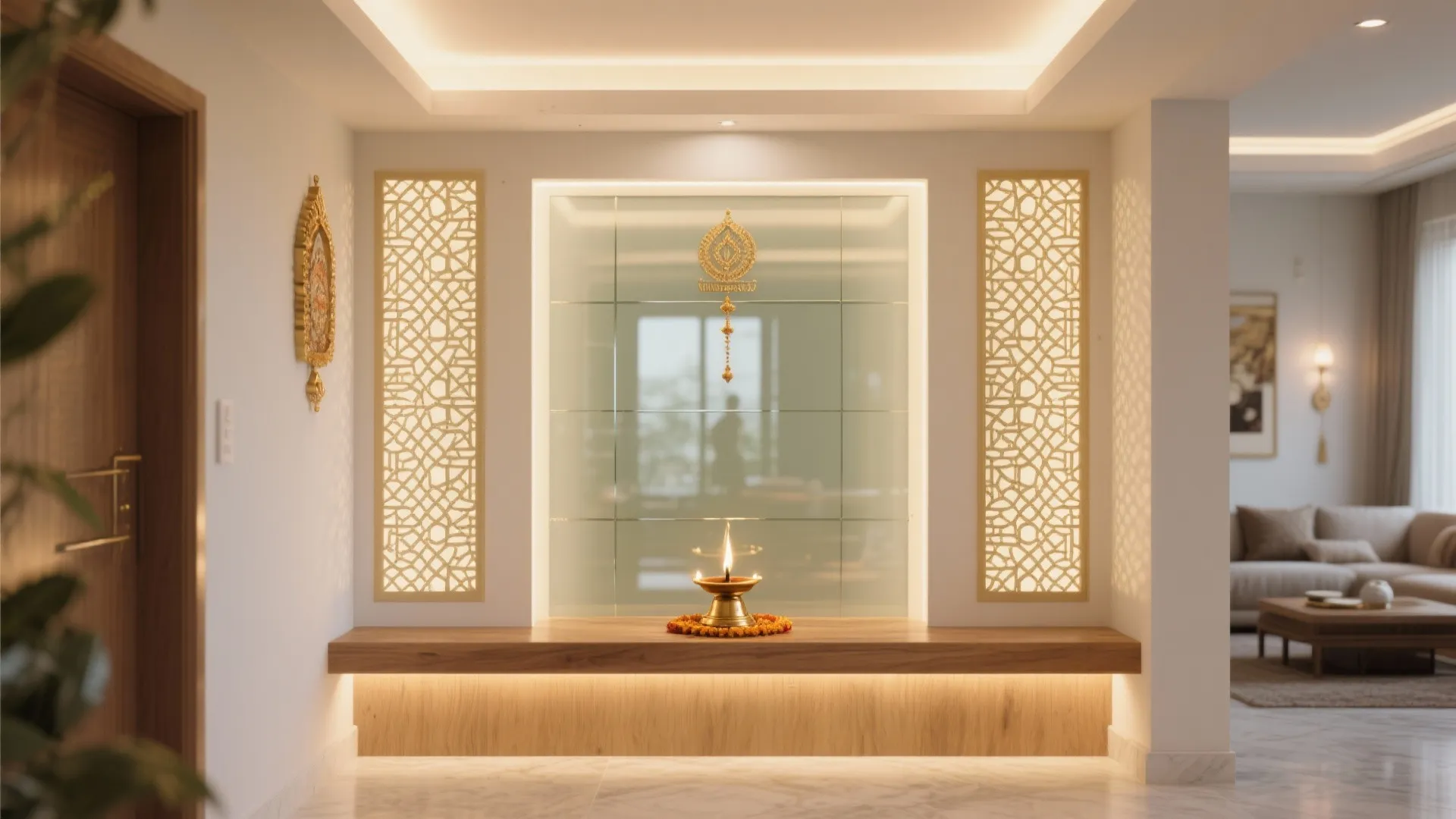 Glass backdrop and jaali panels for airiness