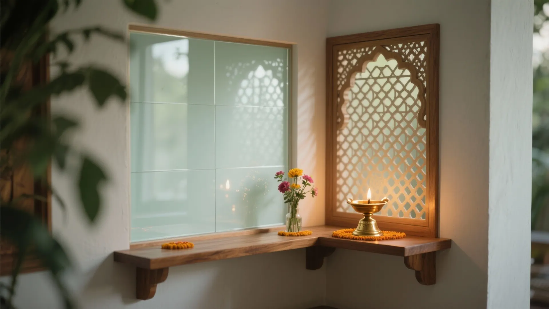 Glass or Jaali Backdrop for Light and Serenity