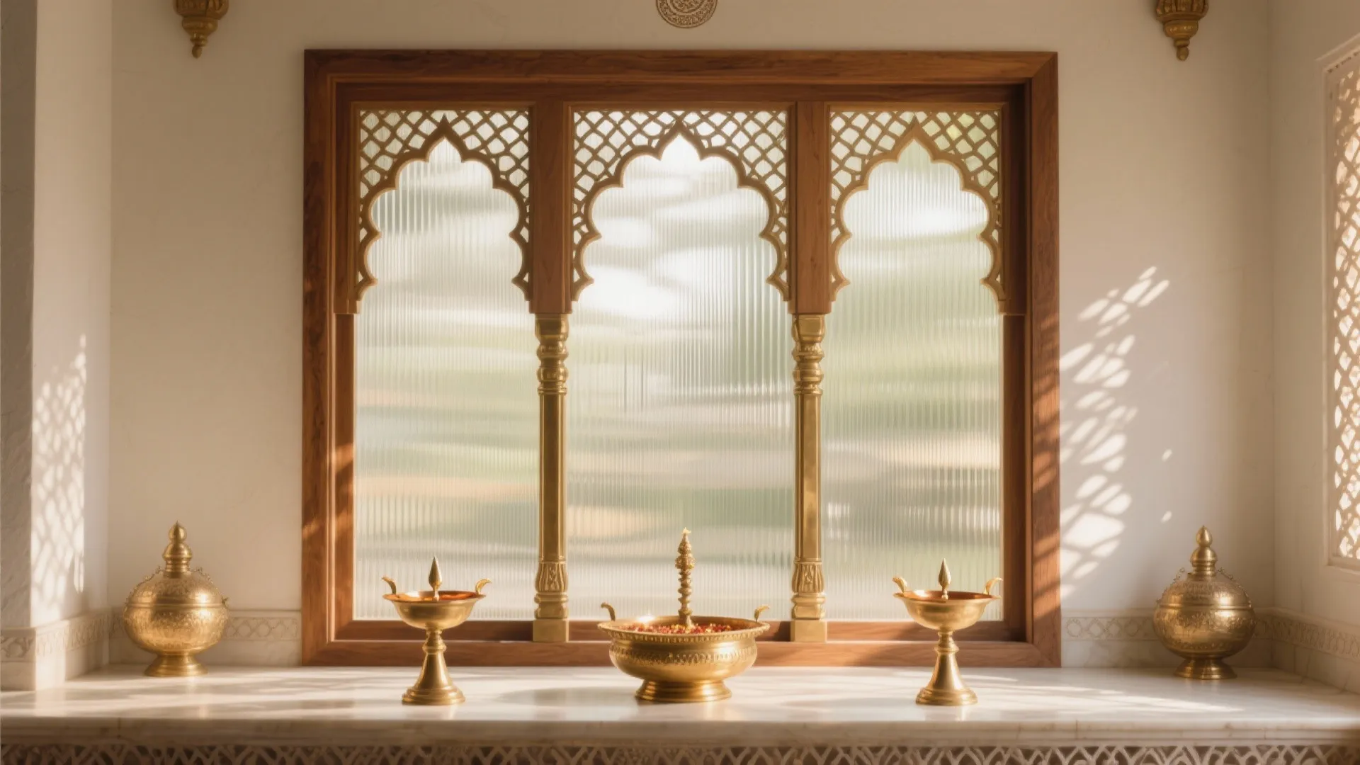 Airy glass or jaali backdrop for the altar