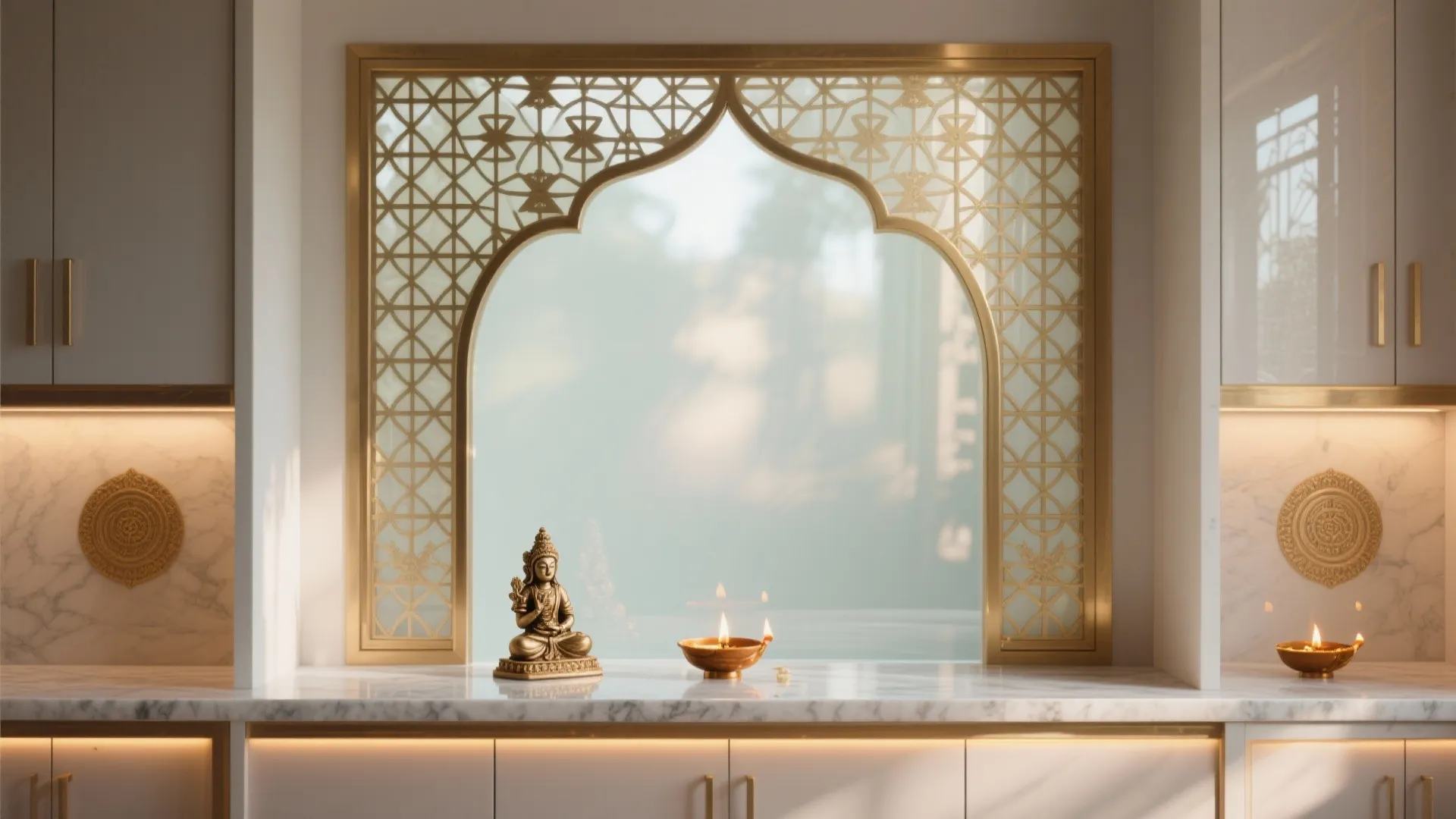 Frosted glass panel with brass jaali lattice diffusing warm daylight in a small mandir
