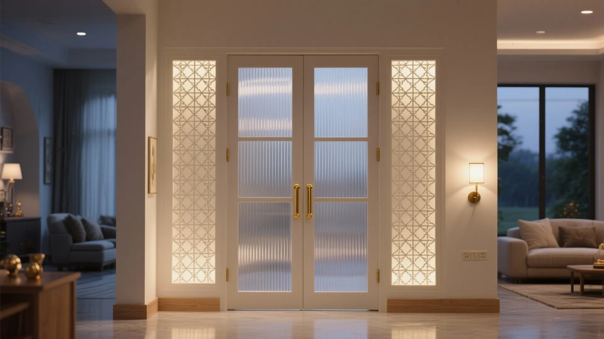 Glass jaali doors with soft backlighting