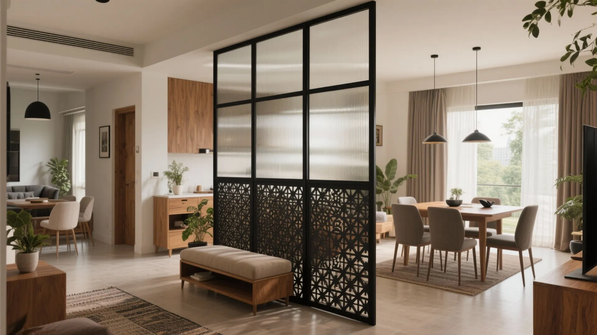 2) Glass or jaali partitions for light and privacy