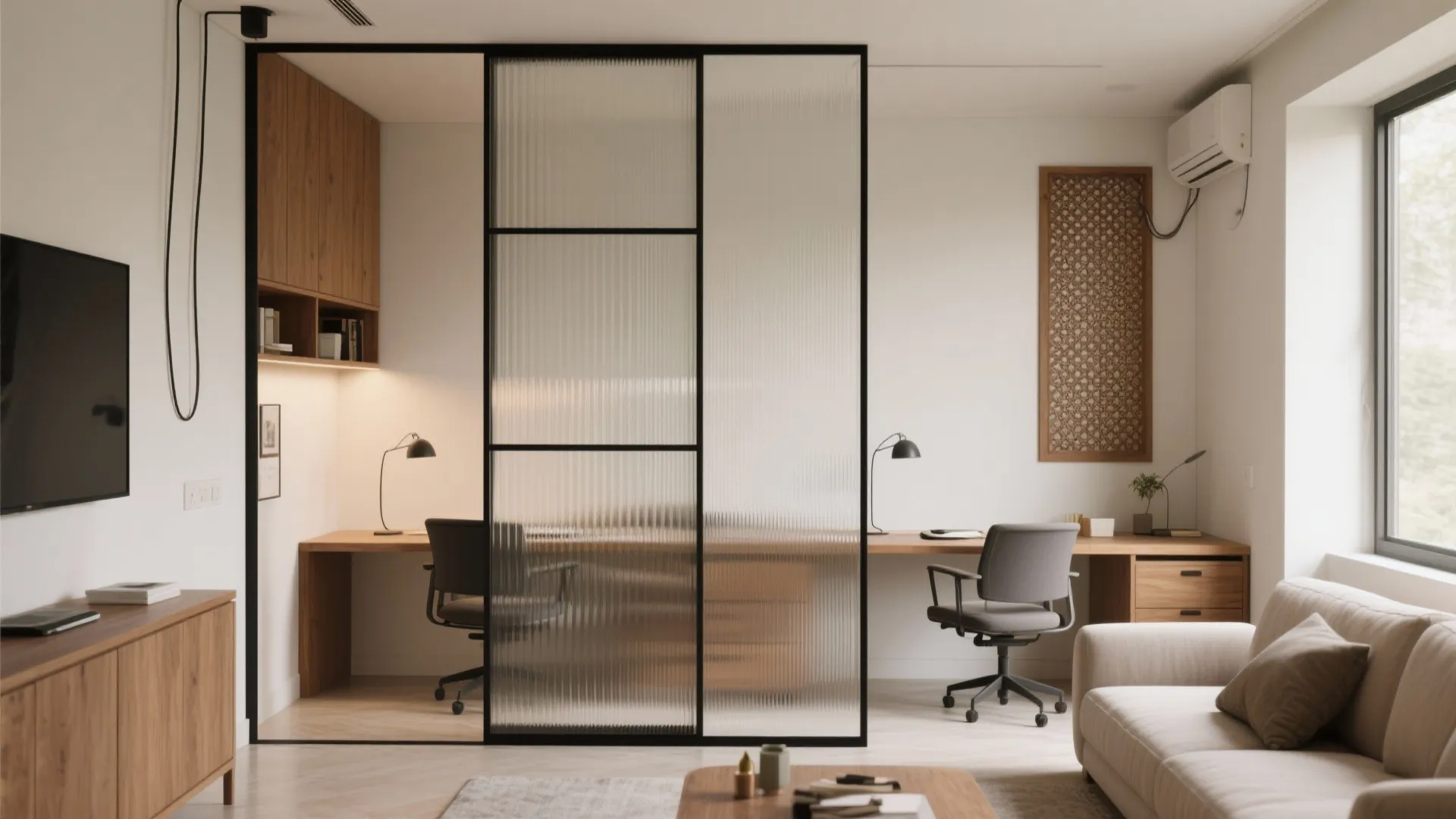 Home office layout with glass partition wall separating a long wooden desk and grey sofa