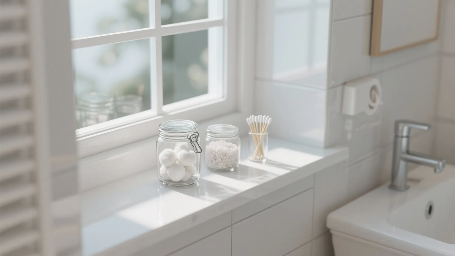 Glass jars with cotton balls and bathroom supplies sitting on a white window ledge indoors