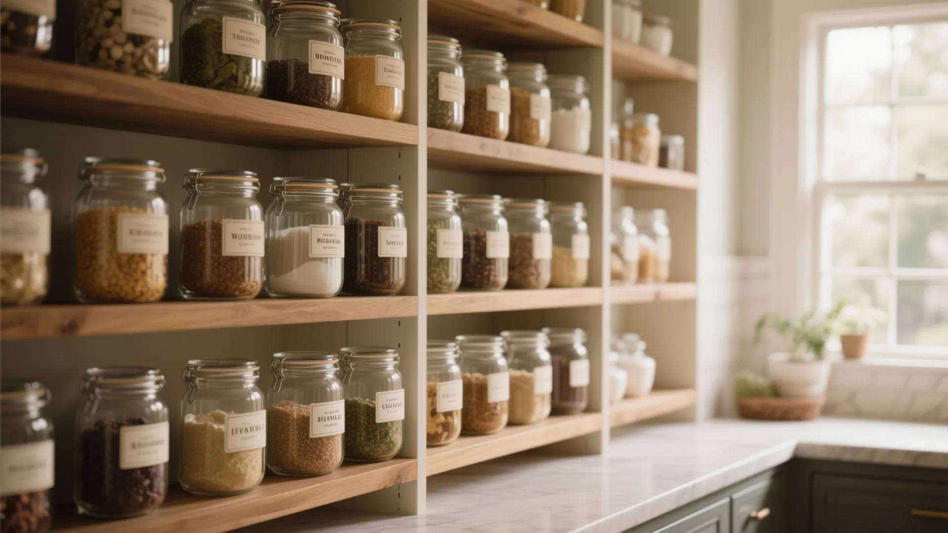 Wooden kitchen shelves neatly organized with glass storage jars containing various food items with labels