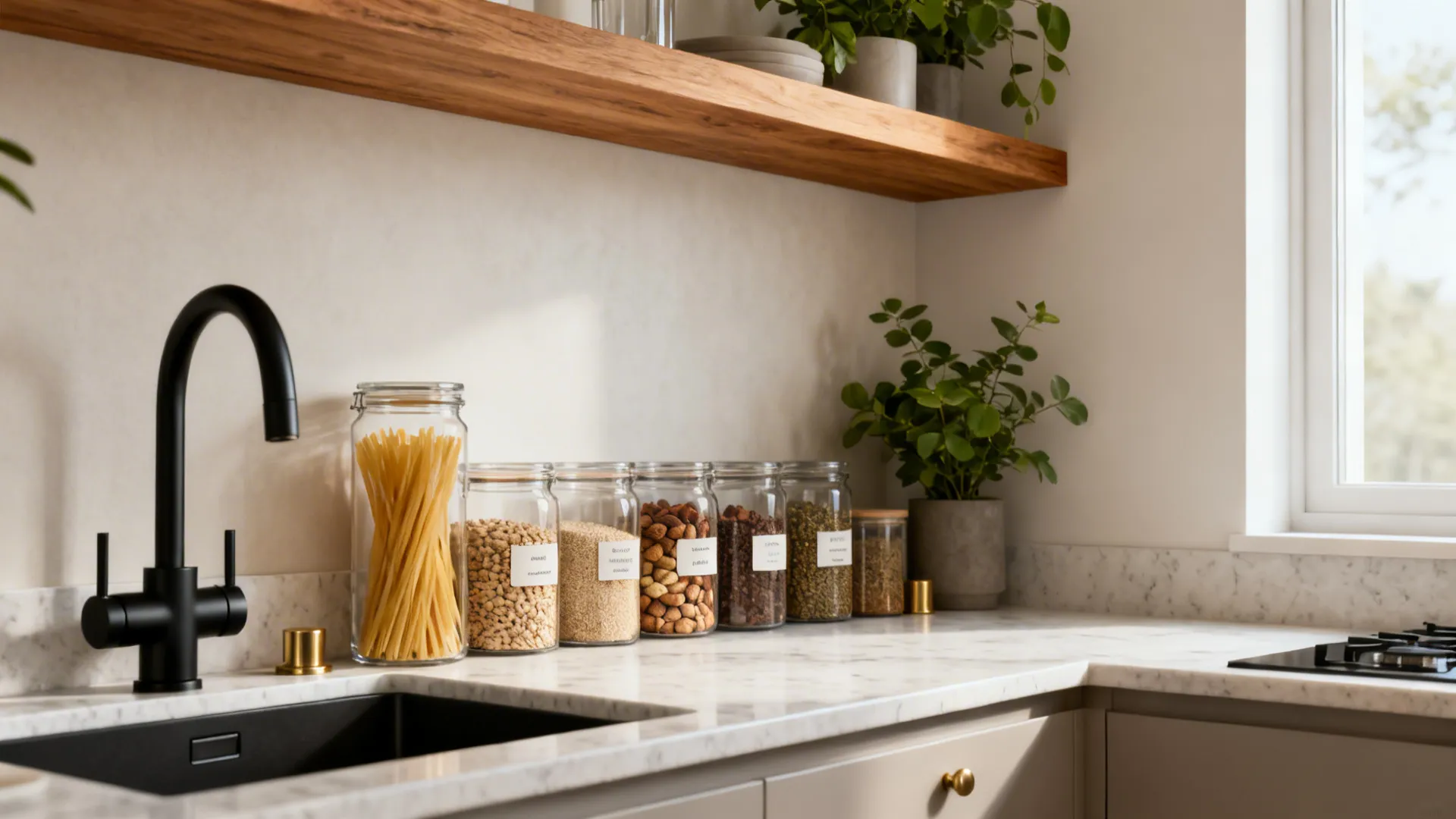 Modern marble kitchen counter with black sink faucet and labeled glass jars for dry food storage