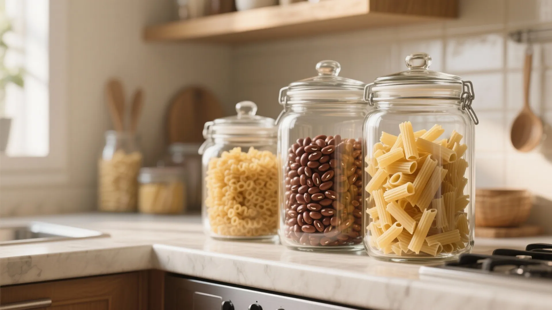 Three glass storage jars filled with dry pasta and beans on a bright kitchen counter