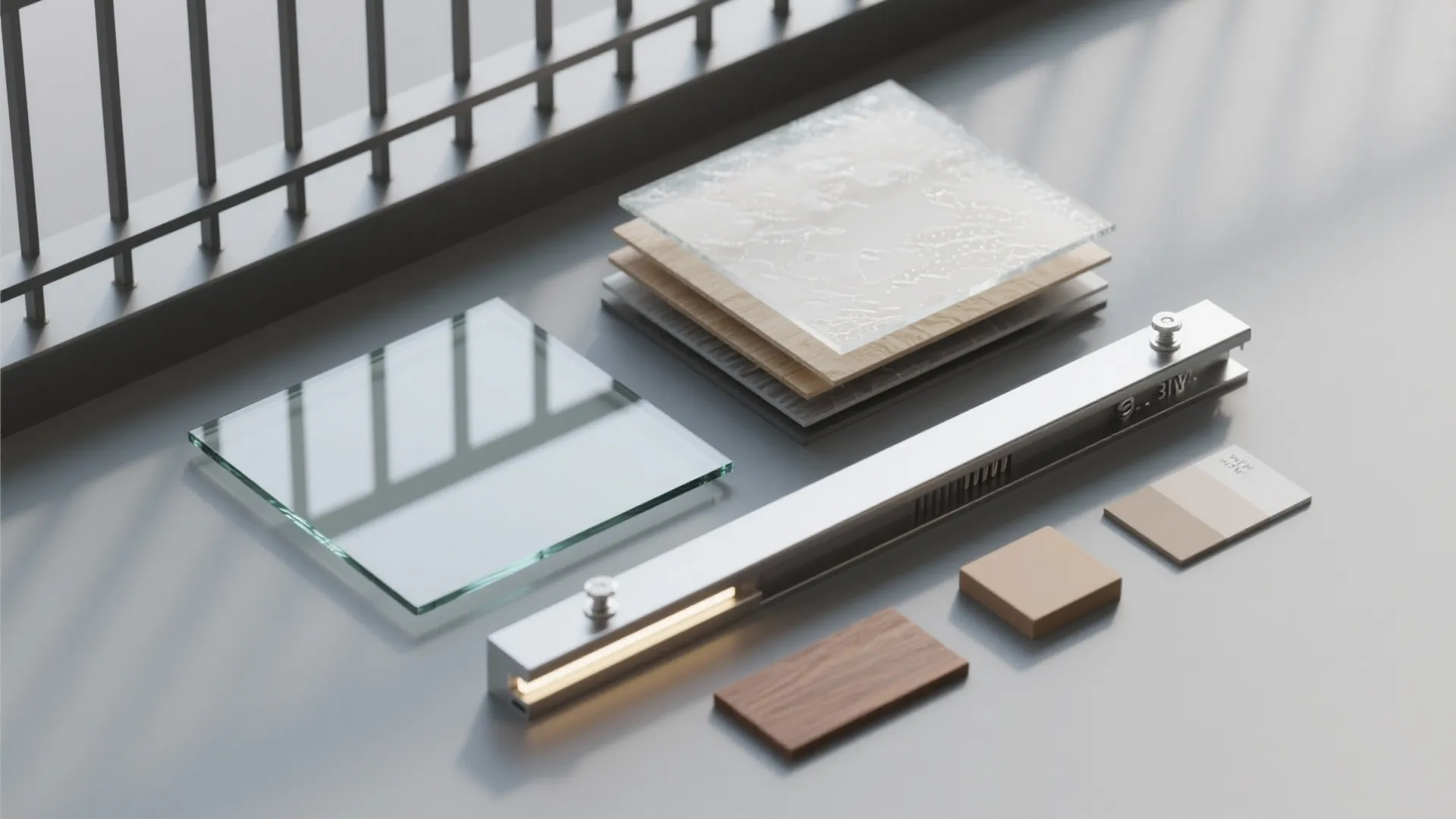 Various interior design materials including glass samples metal track wood pieces and color swatches display