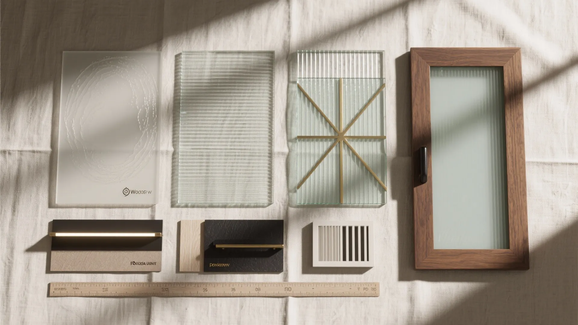 Various glass material samples including frosted glass and ribbed glass for interior design projects collection