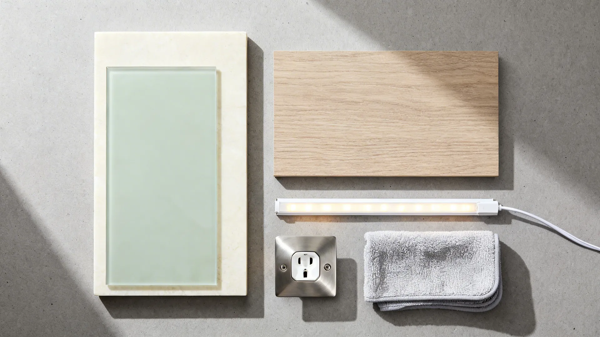 Flat lay of pale sage glass, cream quartz, oak laminate, LED strip, and steel socket cover.