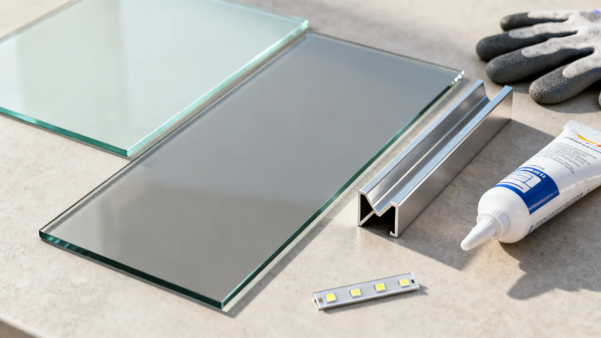 Glass panels metal profile led strip light glue and work gloves for DIY cabinet lighting project