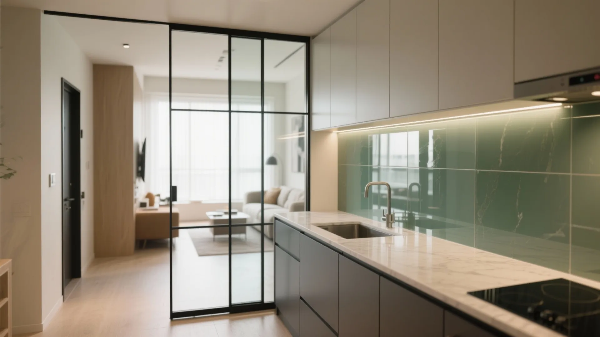 Glass partitions and a reflective kitchen backsplash