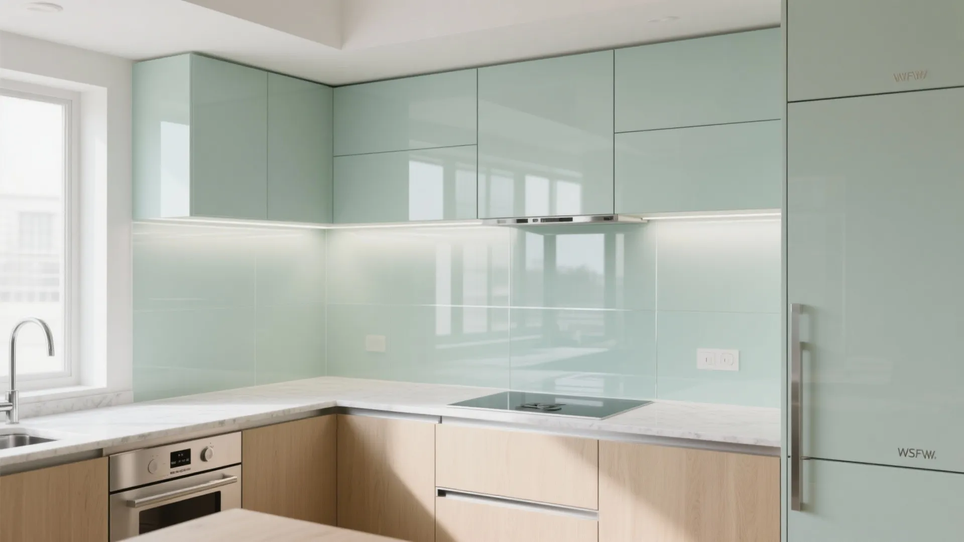 Glass Backsplash and Reflective Finishes for an Airier Kitchenette