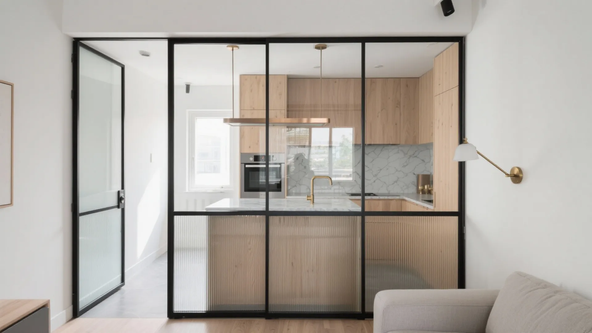 Glass Partitions and Reflective Backsplash for Brightness