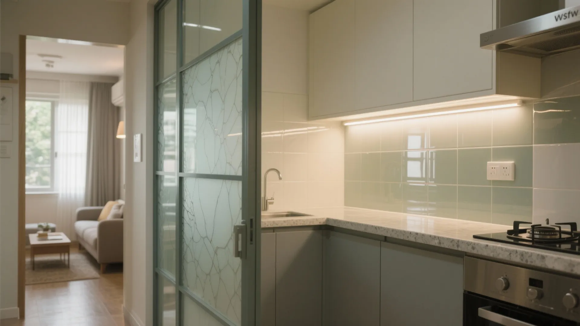 Glass Partition and Reflective Backsplash for a Brighter Kitchen
