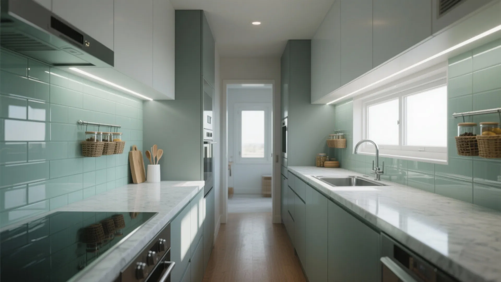 Glass backsplash and light-bouncing finishes in the kitchen