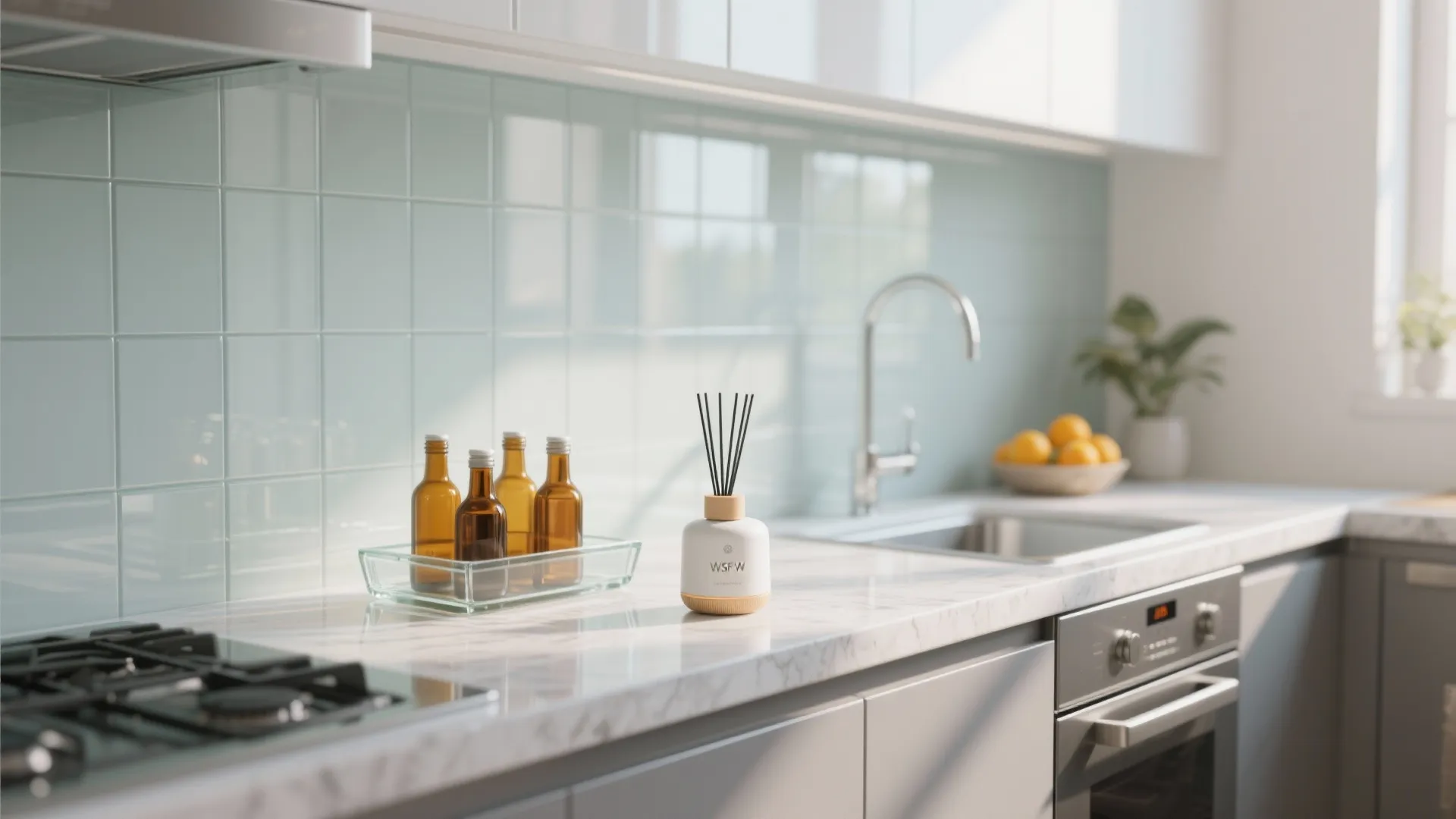 Small kitchen with a glass backsplash and a compact diffuser on a frosted tray.