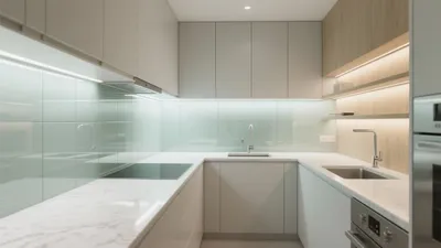 Modern L-Shaped Kitchen with Soft Lighting & Marble Countertops