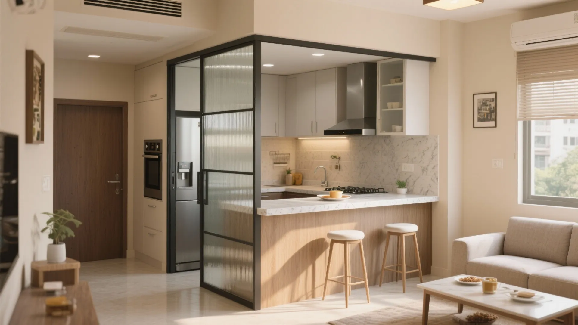 Open Kitchen With Sliding Glass Partition