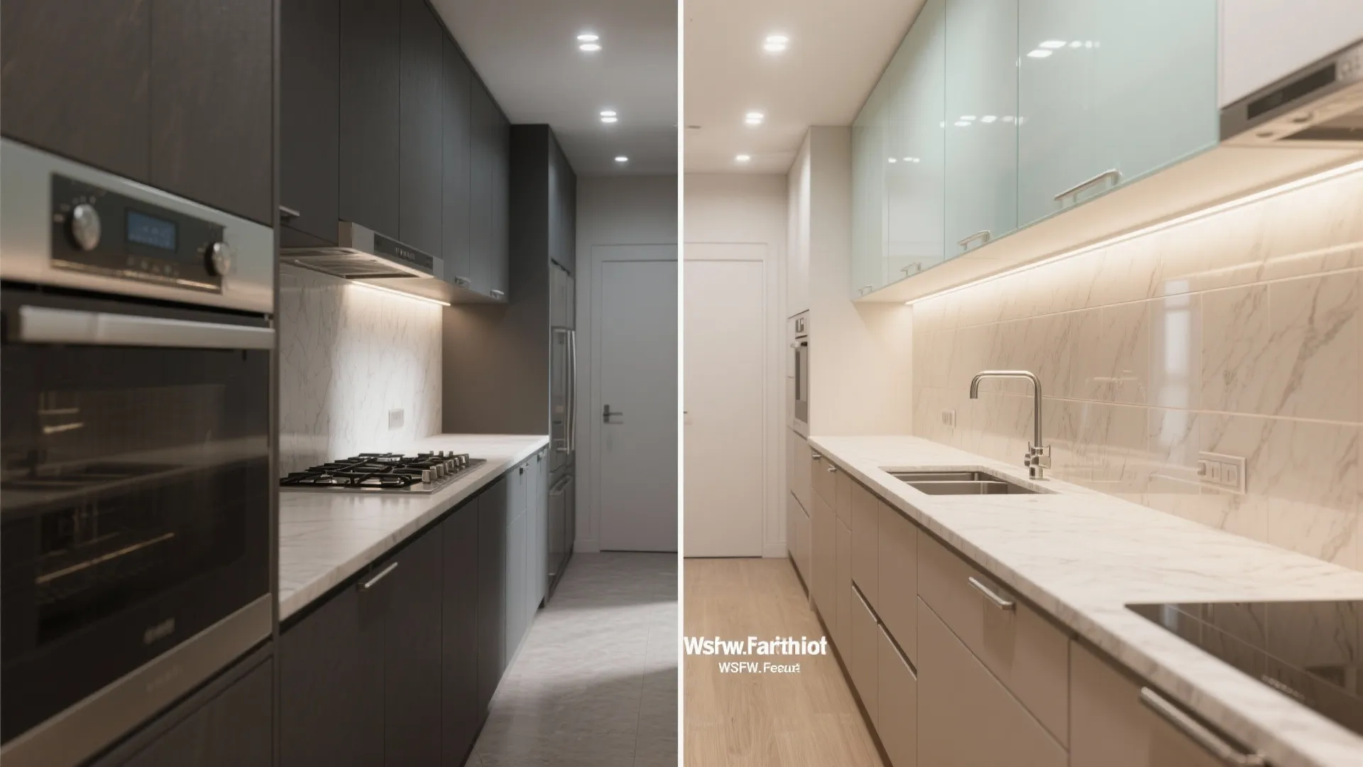 Glass, Light, and Reflective Accents to Open a Narrow Kitchen