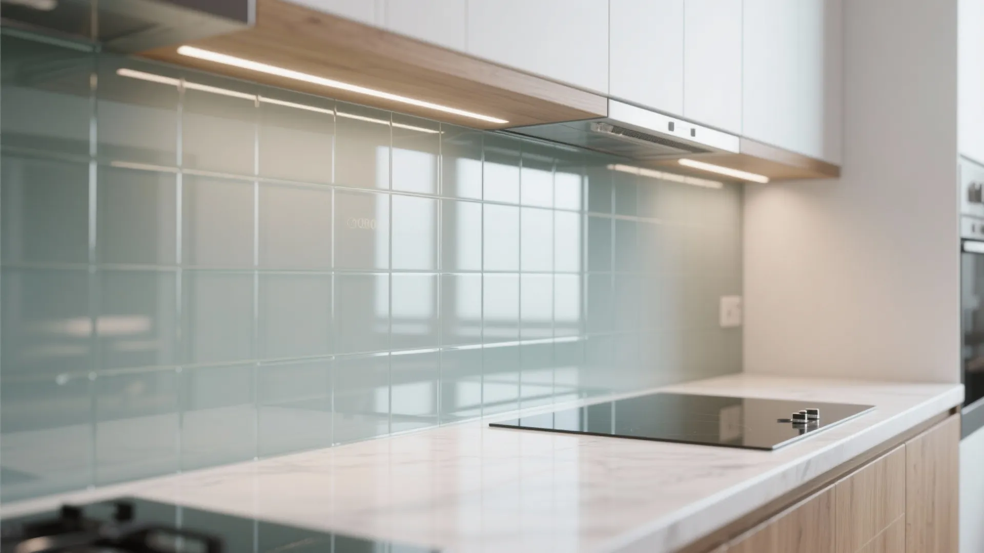 Modern kitchen with light green tile wall behind white countertop and stove with warm lighting