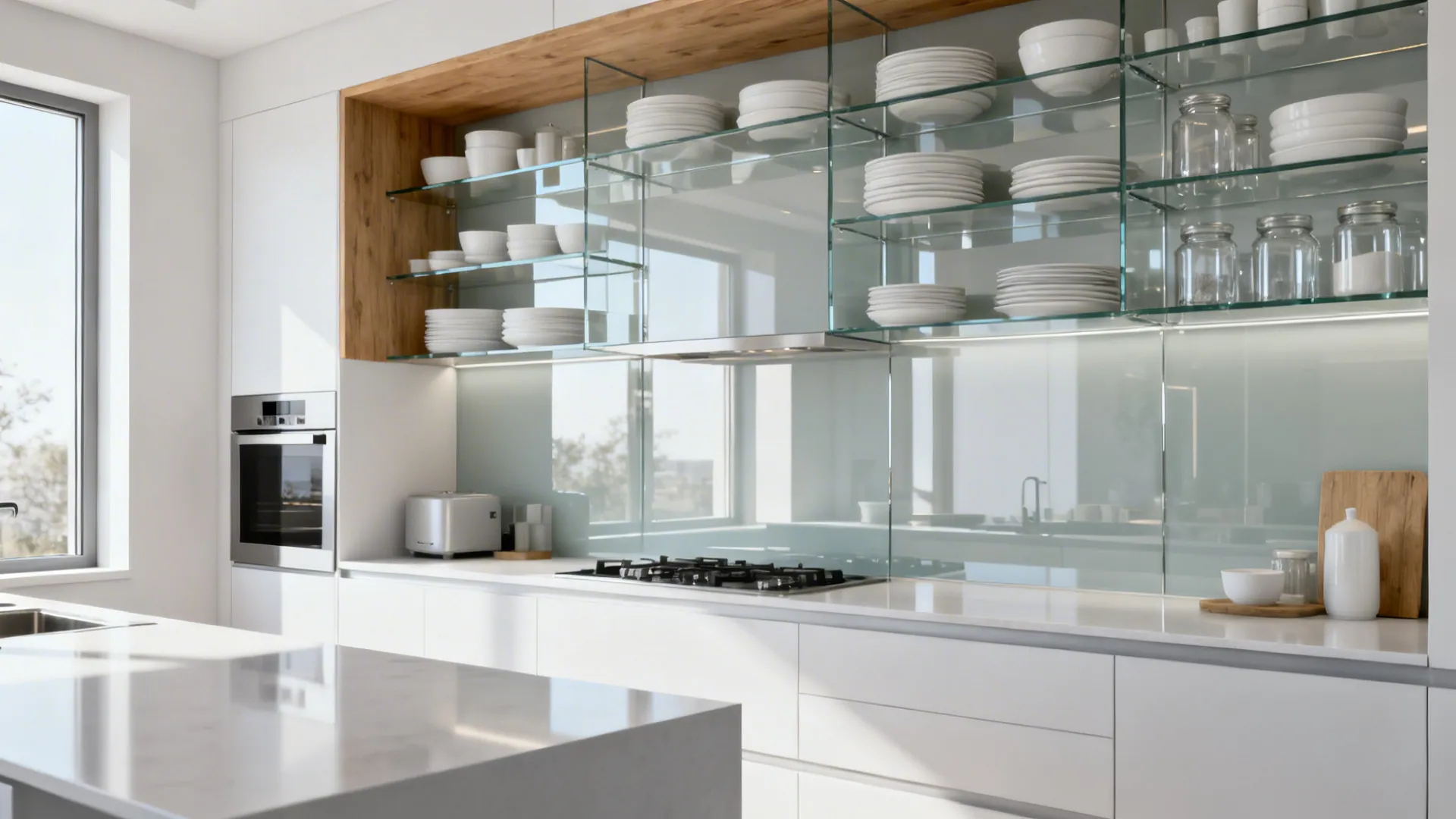 Modern white kitchen with glass shelves holding plates and jars next to a bright window