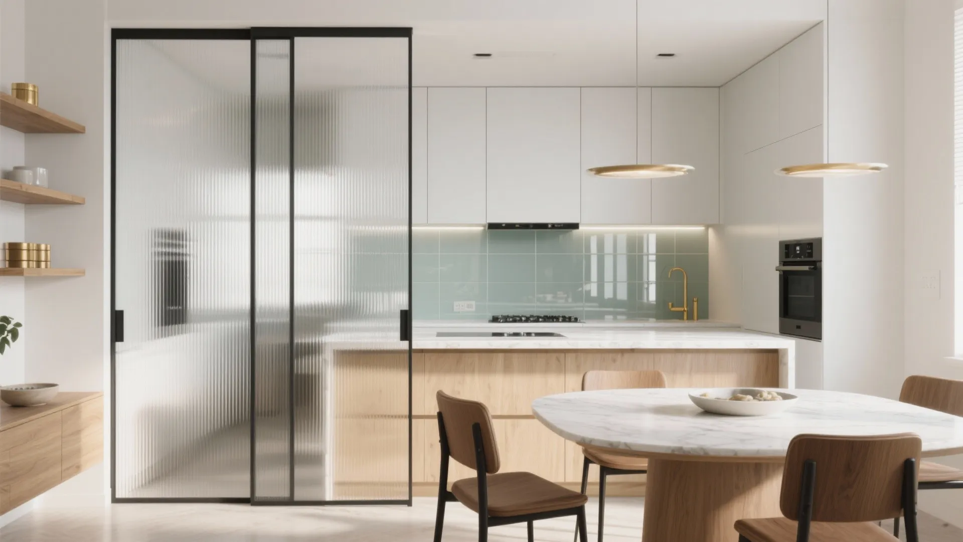 Glass partitions and a reflective backsplash to borrow light