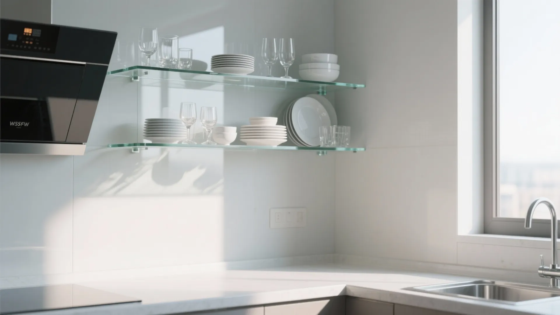Modern kitchen with glass wall shelves holding white plates and drinking glasses near a window