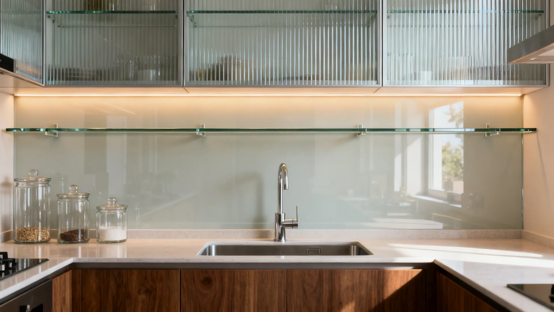 Compact kitchen with ribbed-glass cabinets, lit glass shelf, and a small glass backsplash panel.